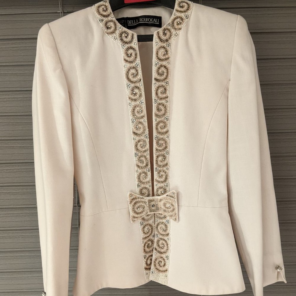 Della Roufogali Ivory Beaded Cocktail Wedding Blazer & Tank Top Set Size…